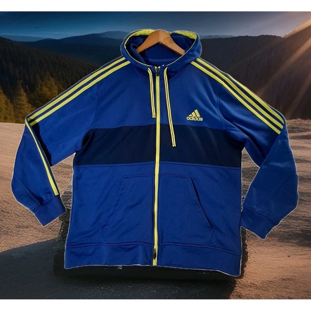 Adidas Track Jacket Men's XL Climalite Blue Yellow Striped Hooded